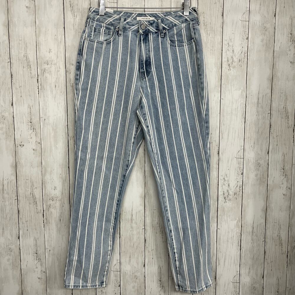PacSun Blue White Stripe High Rise Slim Fit Cotton Mom Jeans 27